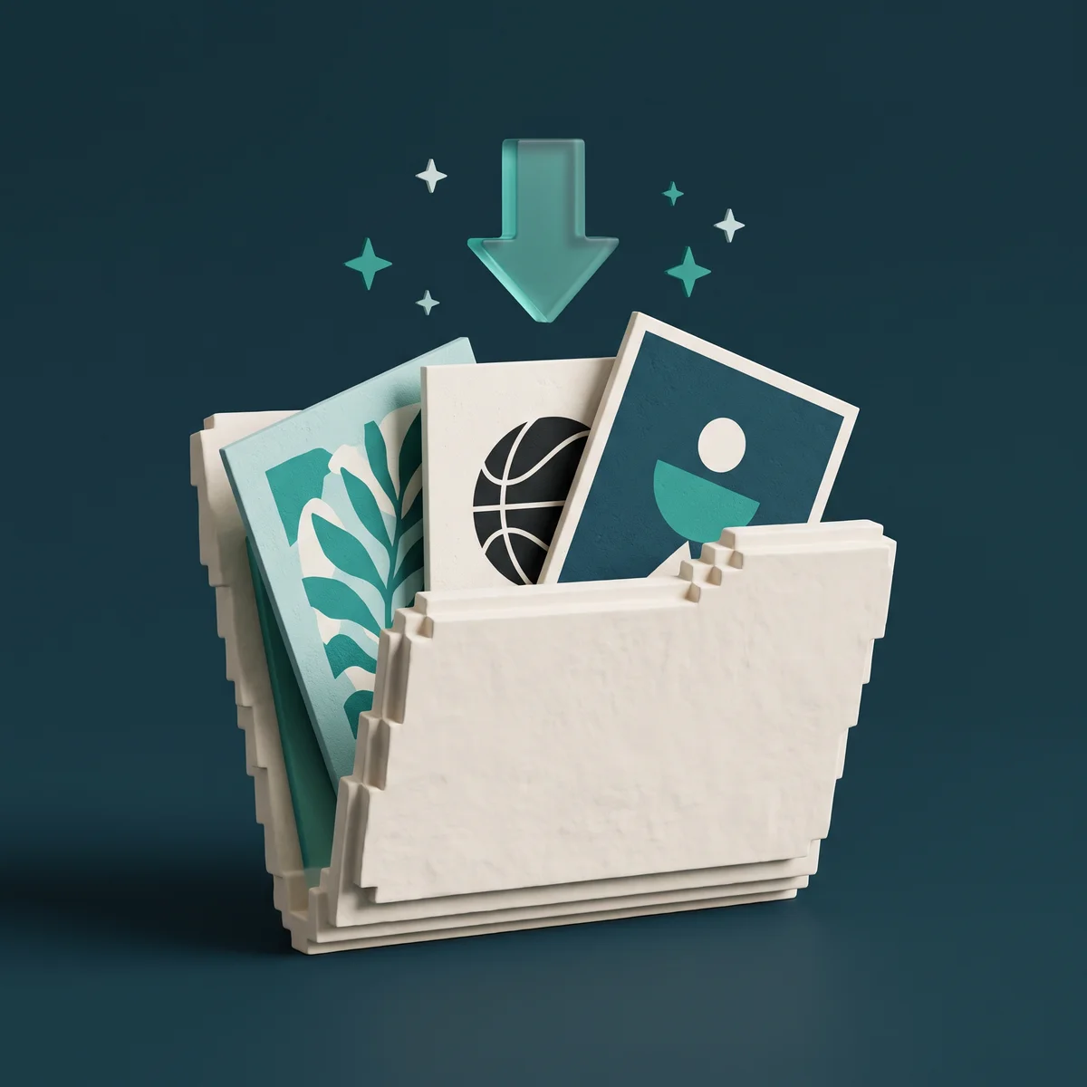 A pixel-built cream folder opens into a fan of digital art beneath a glass download arrow.