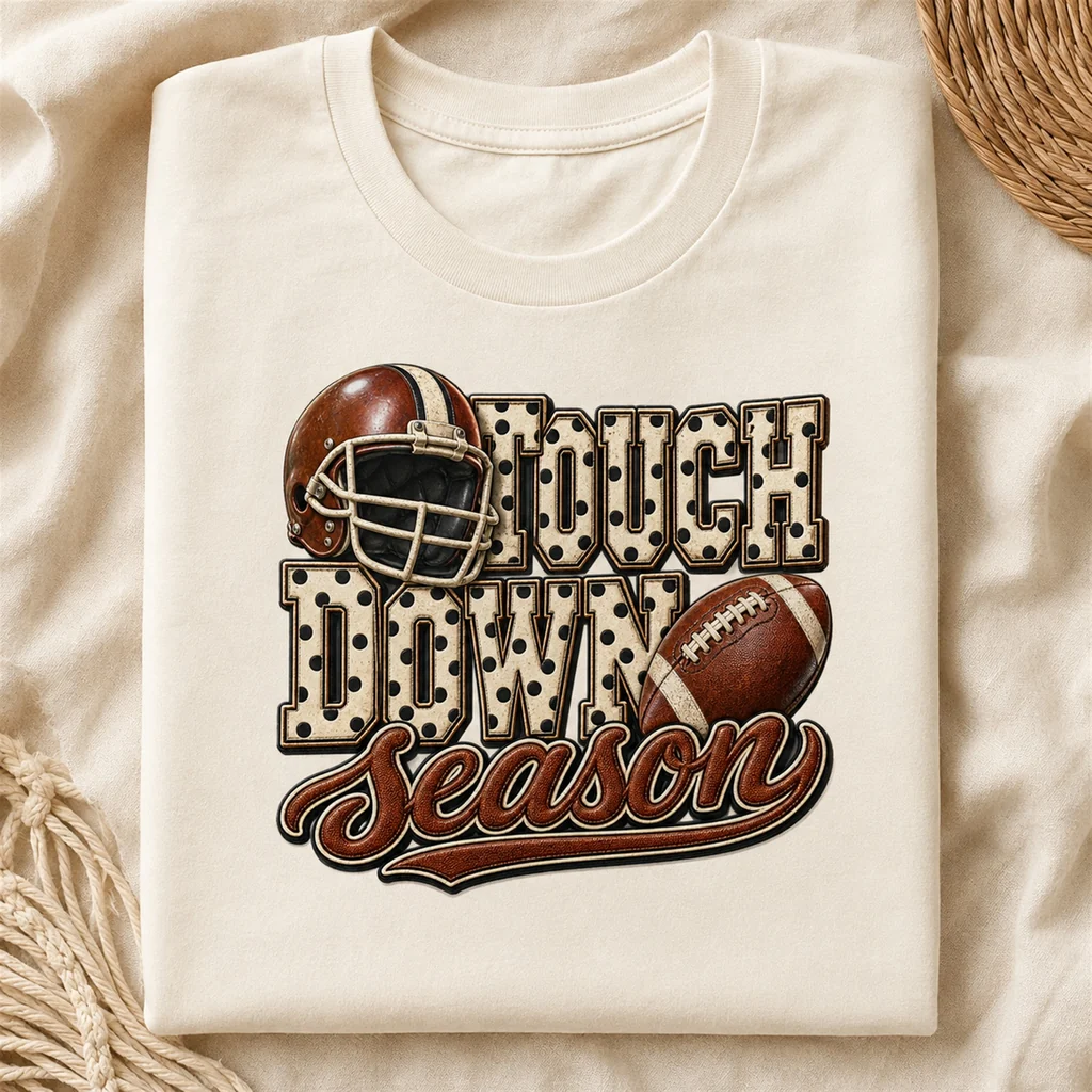 Etsy Featured: Touchdown Season polka-dot football PNG on a cream tee.