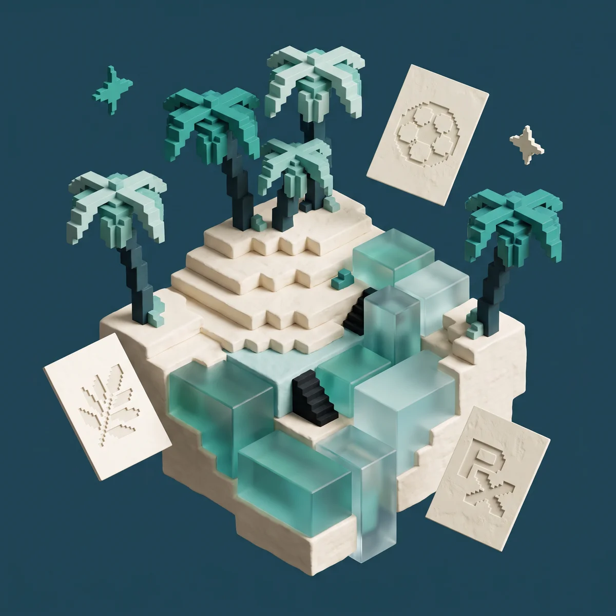 A floating pixel-built oasis with a teal palm, glass water, and hovering craft artwork.